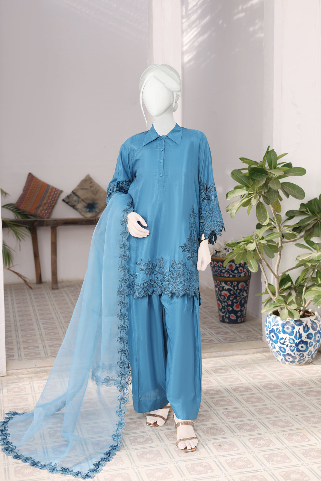 Lenora Lapis Blue 3-piece Embroidered Suit